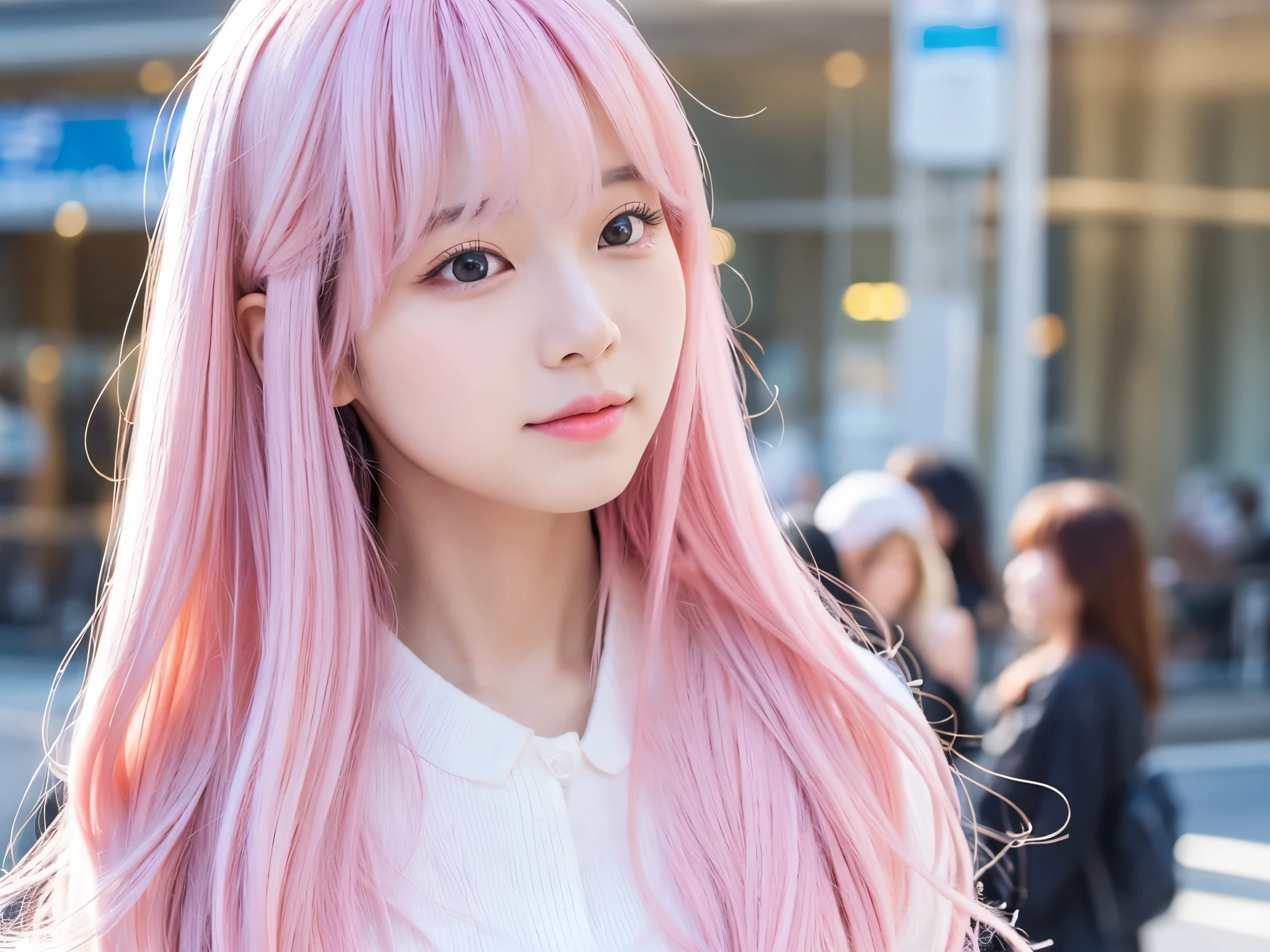 A beautiful korean kawaii woman, with very long pastel pink hair with bangs