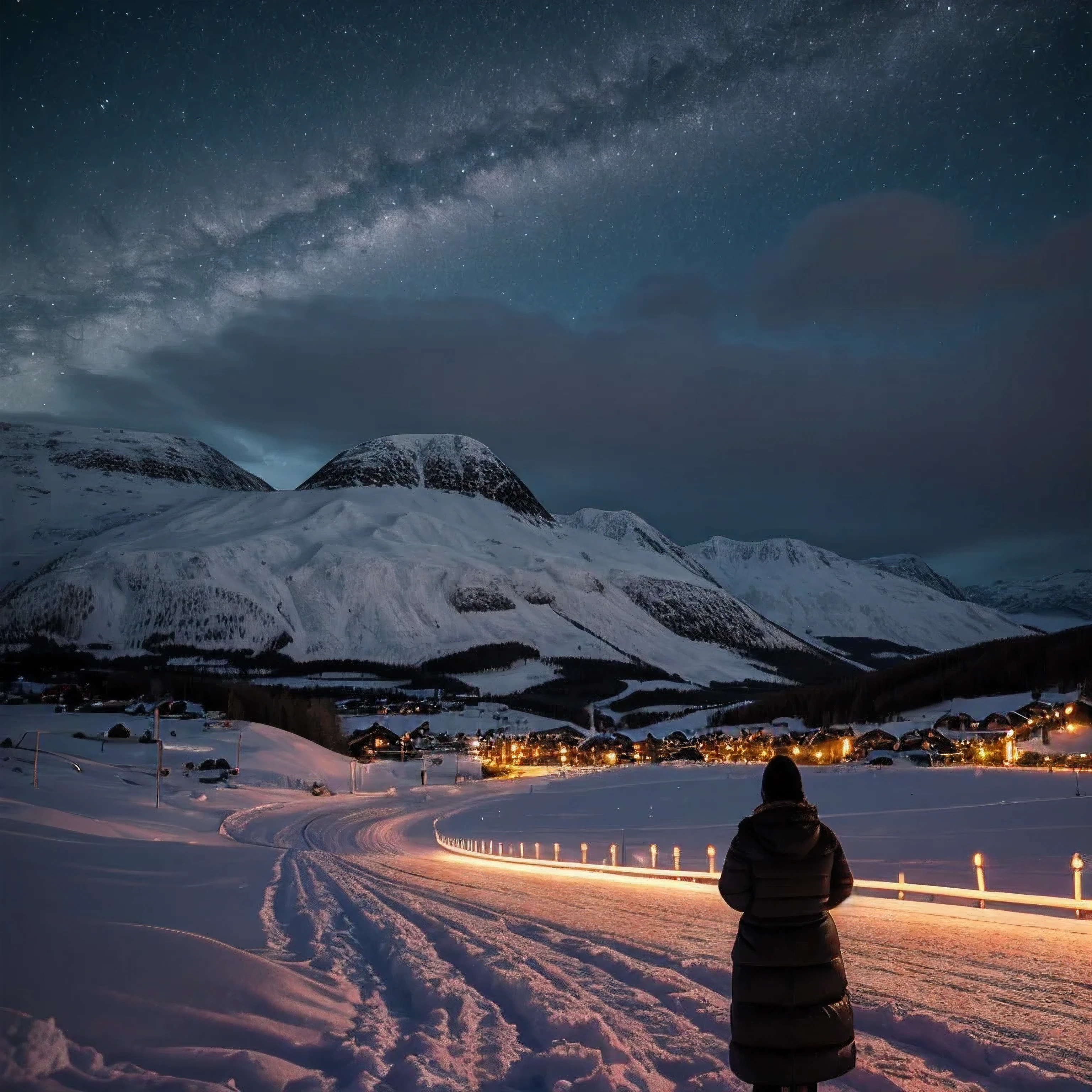 plus size woman,shoulder-length black hair, winter, snowy, nightly Tromso Norway in background, winter norway island full of night lights, masterpiece, hdr, ultra realistic, face focus, hyper detailed face