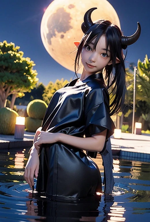 resolution、High level image quality、8K、real live action、Raw photo、highest quality、masterpiece、16 year old succubus girl、unparalleled beauty、devil&#39;s black horns on head、young face、(((beautiful girl)))、long pointed ears、wear bat wings、Fangs from the mouth、moon、night view、Princess、((tail))、bathing