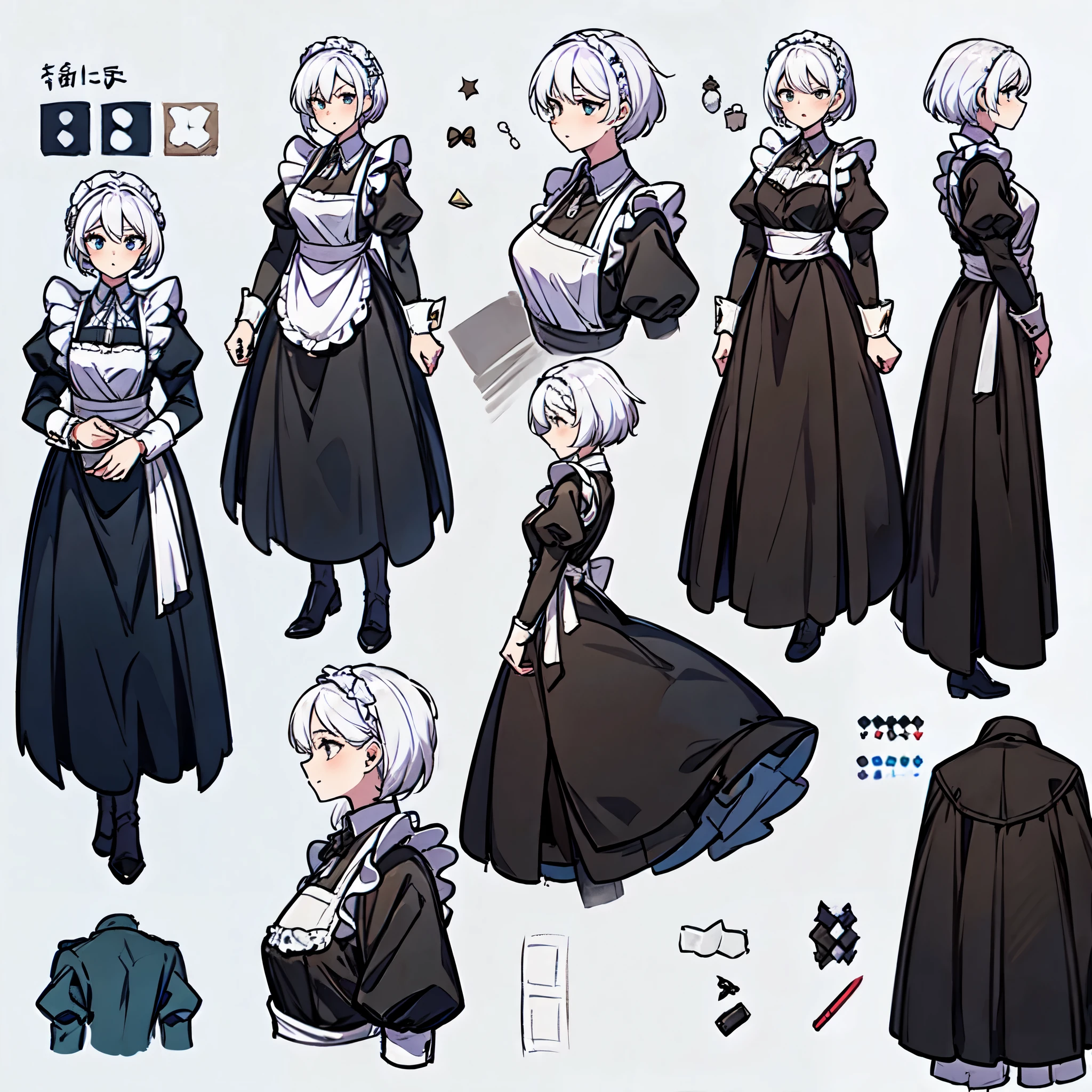 Mature sister，white hair，Wearing maid costume，concept art，人物concept art，character sketch，Reference table，character sheet，（simple background，White background： 1.3)