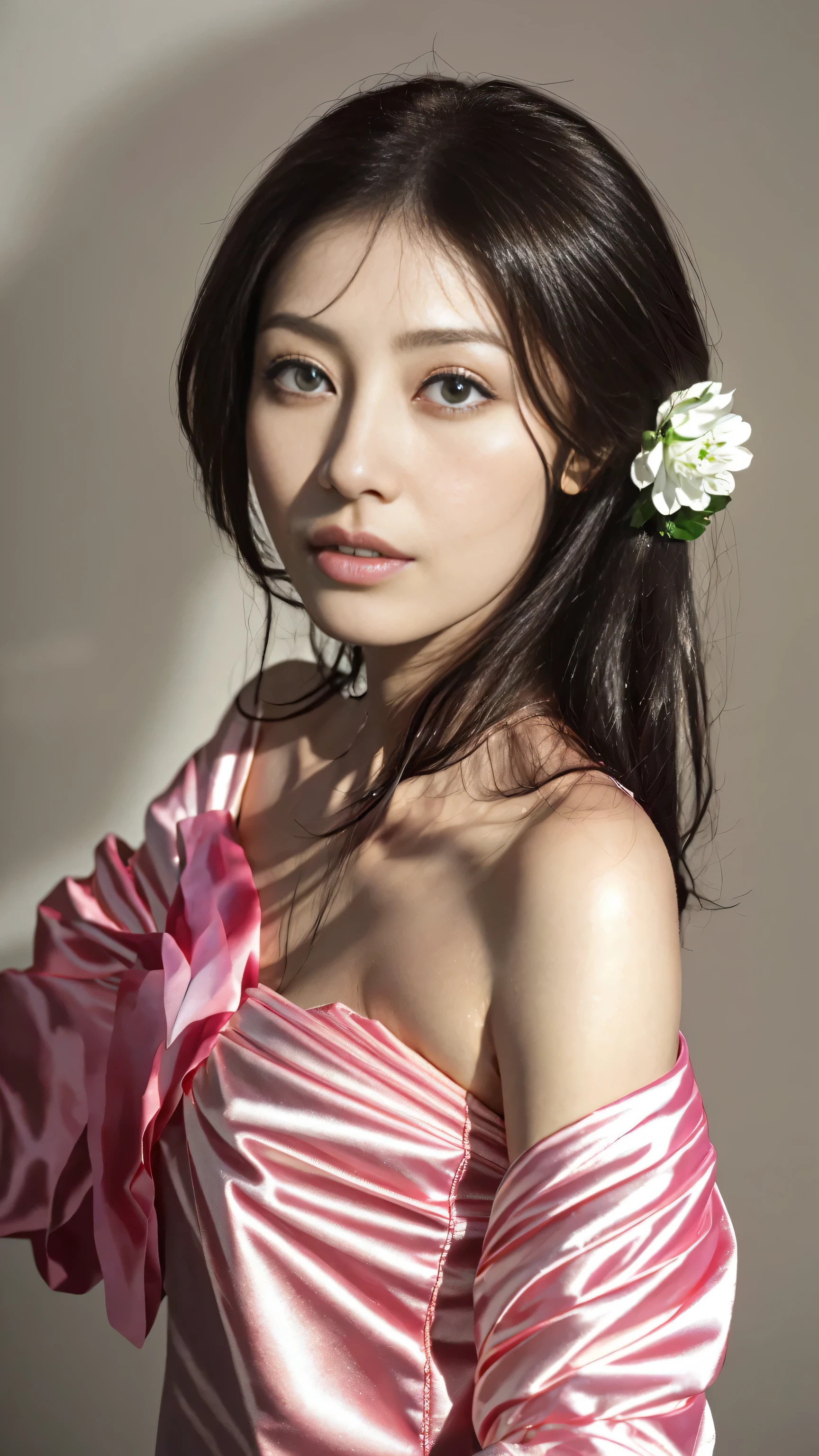 best qualtiy，tmasterpiece，A high resolution，1girll，Dingdall effect，realisticlying，edge lit，twotonelighting，（highdetailskin：1.2），8K UHD，Pure，Sweet，Flower background，Colorful background，Based on physical rendering，Perfect light and shadow，extreme hight detail，Pink tones，Eye reflections，Raised sexy，perfect bodies，Superb beauty，largeeyes，long eyelasher，Delicate eyes，large shiny eyes， pupillary reflexes，Shoulder and neck details，The pupil texture is delicate，Perfect eyes，Black pupils，best qualtiy，tmasterpiece，16k，A picture，head portrait，Bigchest，longer sleeves，Take care of your chest，Large breasts，Delicate avatar