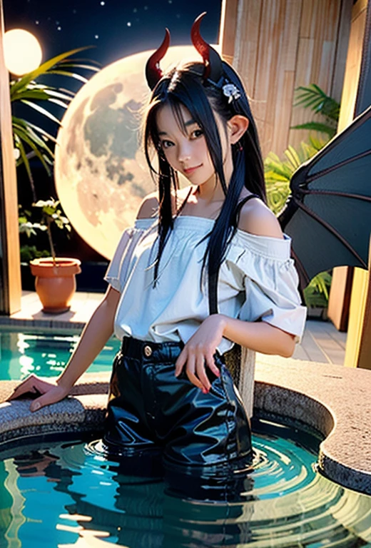 resolution、High level image quality、8K、real live action、Raw photo、highest quality、masterpiece、16 year old succubus girl、unparalleled beauty、devil&#39;s black horns on head、young face、(((beautiful girl)))、long pointed ears、wear bat wings、Fangs from the mouth、moon、night view、Princess、((tail))、bathing