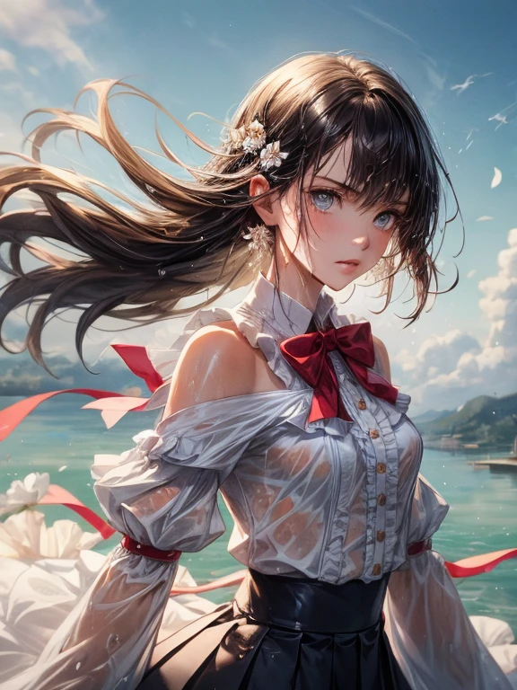 (masterpiece, best quality:1.3), (ultra detailed, illustration, disheveled hair, frills1.2), (1 girl), dynamic angle, big top sleeves, floating, beautiful detailed sky, on beautiful detailed water, beautiful detailed eyes, (overexposure:1.2), (fist), expressionless, side blunt bangs, hairs between eyes, ribbons, bowties, buttons, bare shoulders, (small breast:1.3), detailed wet clothes, blank stare, pleated skirt, flowers