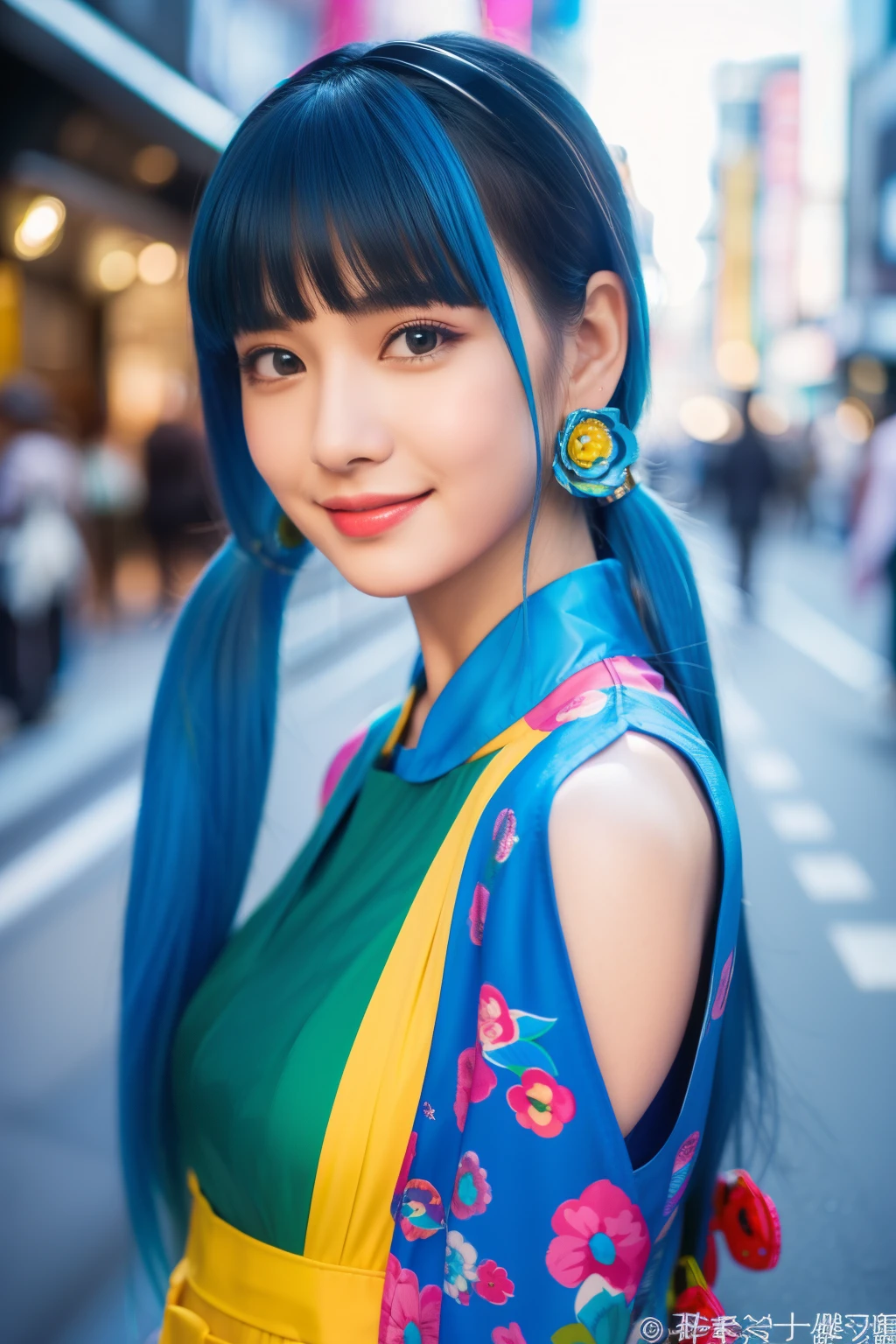 (Best Quality, 8K, 32K, masutepiece, nffsw:1.2), (blue_hair:1.3, twintail), Bright foreground, Professional Lighting, Photon mapping, Radio City, shading:1.3, (1 slender woman of Japan, 23 years old, 160cm tall), outfit combines street style with elegance, colorful fashion colorful ornaments, creating a pop look with vivid colors, hyperdetailed face, Detailed lips, Detailed eyes, Double eyelids, full body, (exposed shoulder:1.1), top-down view:1.5, Looking Camera, Happy smile,