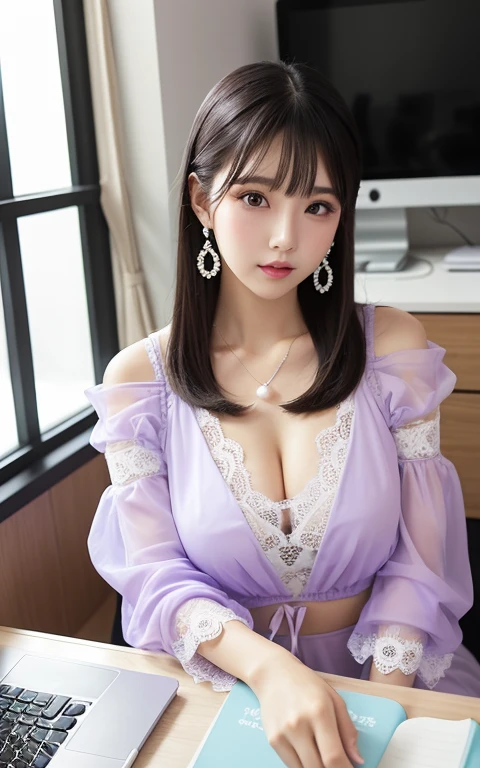 Photo Soft focus Beautiful Japanese girl Marinfuu Honda Thick, chubby, glamorous, large, balls, heart, fair skin, long, thin, straight black hair, narrow eyes, thin lips, pearl earrings, pearl necklace, transparent clothing made of soft stretch cotton material, tight-fitting, transparent clothing, sleeves None Shoulder straps Light lavender transparent clothing Transparent lace clothing Transparent underwear Lavender pareo Transparent underwear Outside the window is the seaside Sitting in the chair in front of the computer in the office High heels Working on the computer The chest has a deep cut, deep cleavage, and a large bulge.From the front right