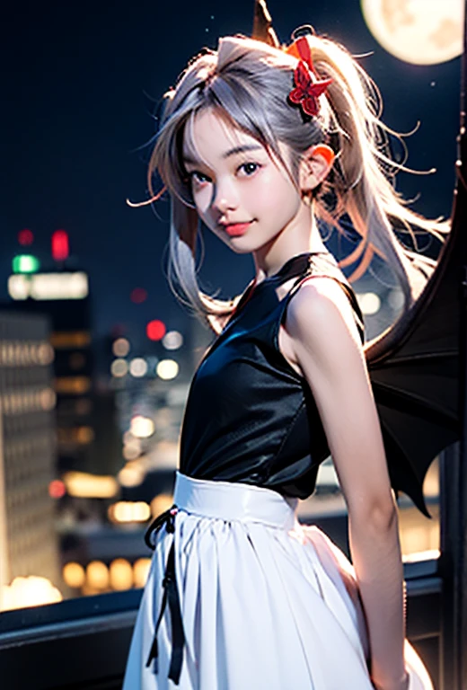 resolution、High level image quality、8K、real live action、Raw photo、highest quality、masterpiece、16 year old succubus girl、unparalleled beauty、devil&#39;s black horns on head、young face、(((beautiful girl)))、long pointed ears、wear bat wings、Fangs from the mouth、moon、Night view of the cityscape、Princess、((tail))、