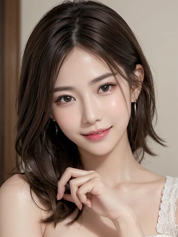 (topless, highest quality, realistic, Super detailedな, in fine detail, High resolution, 8k wallpaper), 1 beautiful woman, earrings, smile, light brown short messy hair, perfect dynamic composition, 美しくfine eyes, full body portrait, (masterpiece:1.3), High resolution, Super detailed, Highly detailed CG Unity 8K wallpaper, (realistic, photo-realistic:1.3, RAW photo:1.2), beautiful detailed face, realistic肌, fine cloth texture, high detailed hair texture, perfect proportions, beautiful face, Accurate, anatomically correct, Highly detailed face and skin texture, natural neck length, fine eyes, symmetrical eyes, light brown eyes, double eyelid, thin eyebrows, (glossy lips:1.2), (魅惑的なsmile:1.2), (beautiful hands),(Scene of infidelity:1.3),(disheveled clothes:1.2)