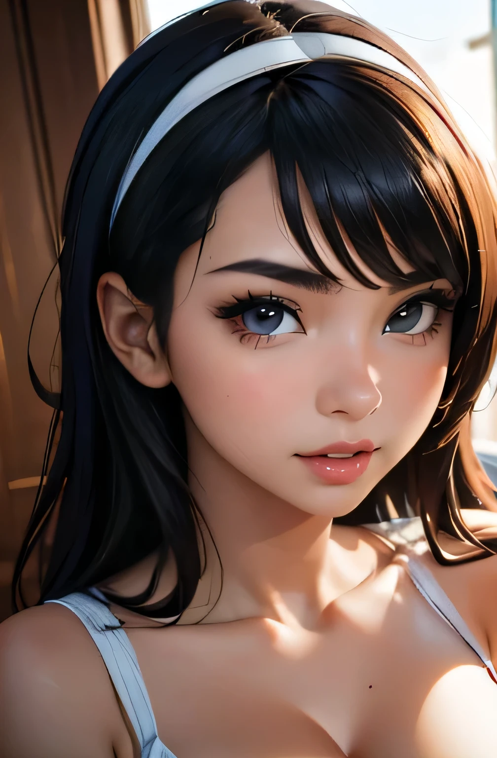 (masterpiece, best quality, highest detailed), highly detailed, photorealistic:. 1.4, UHD, trending on artstation, cute face, most beautiful in the world, long dark hair, large sagging breasts, soft, delicate, (huge), (white tank top), (hires textures, detailed skin), sexy figure, sexy pose, seductive