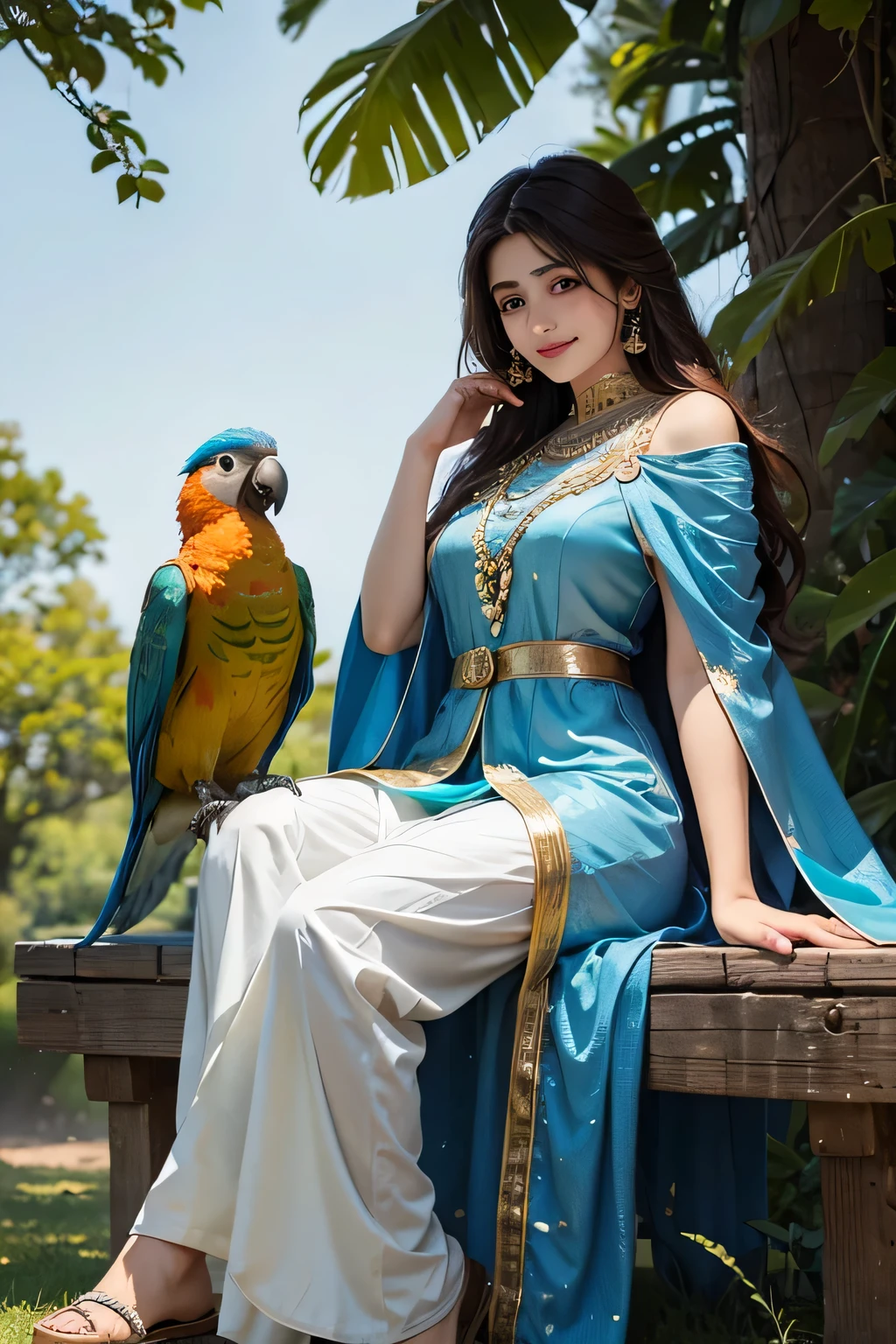 beautiful Pakistani teen girl in traditional Shalwaar Qameez dress and Dupatta, Smiling With a parrot sitting on her shoulder, Hyper realistic, Natural lighting, 8k Ultra HD, Full Body, Nature background