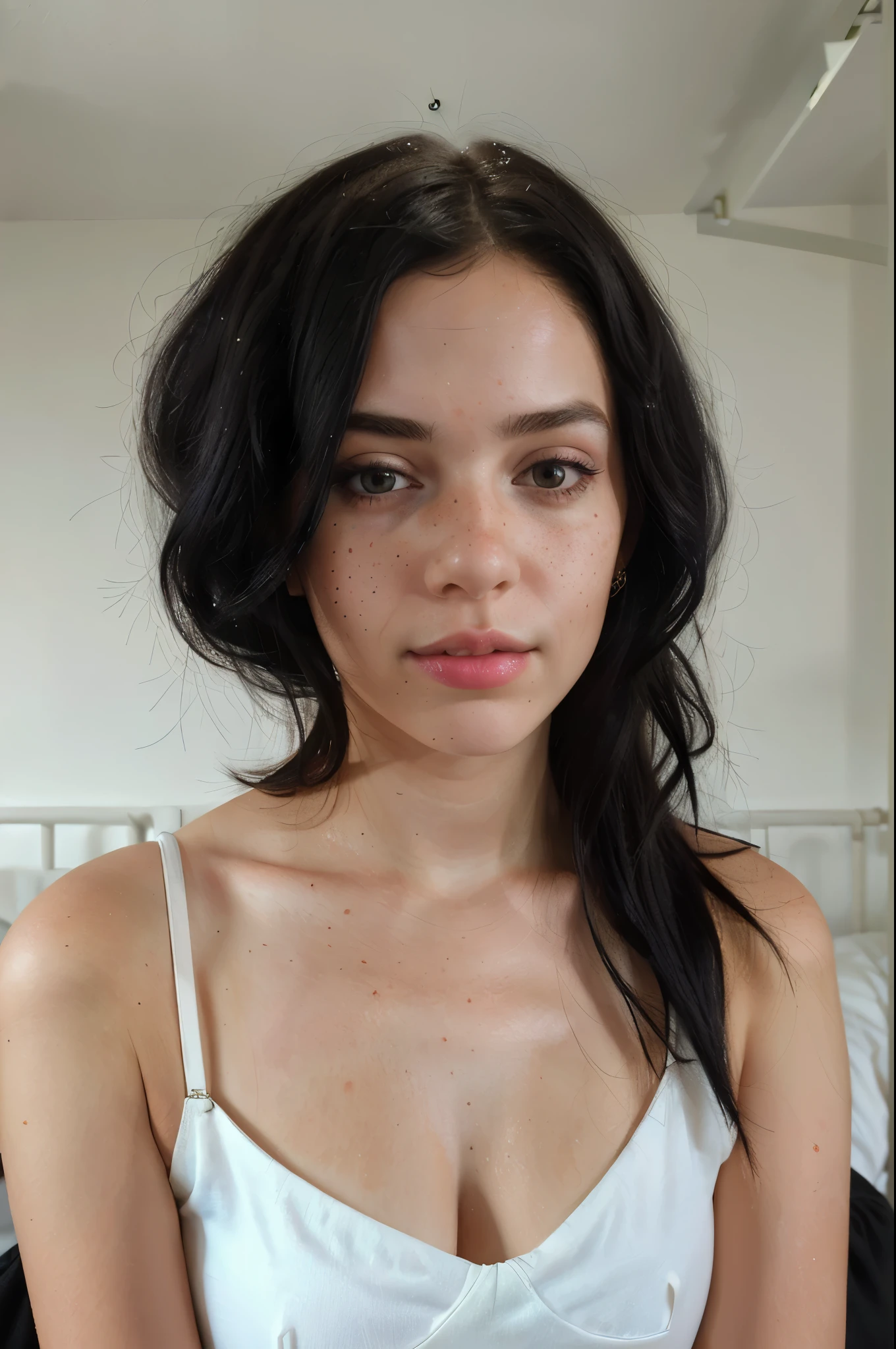 Generate a hyper-realistic portrait of a beautiful white girl with neon black hair, light freckles, resembling an Instagram fashion influencer, wearing summer dress, in a girl's bedroom
