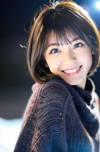 highest quality, soft light, ultra high resolution, (realistic:1.4), full_body,RAW photo, 1 Japanese girl, alone, cute, (pupil, There&#39;s a light in my eyes), detailed beautiful face,(High resolution details of human skin texture), (short hair), outdoor,skirt, (portrait),winter,big smile,knit,snow,night sky