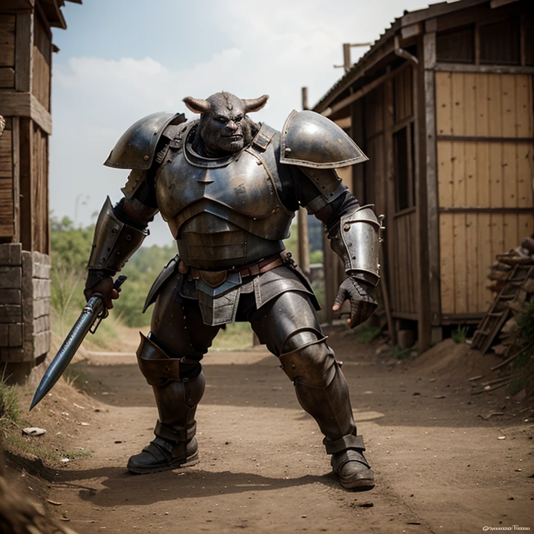 Warhammer ogre in armor, standing with his weapon at the ready, looking at camera mean face