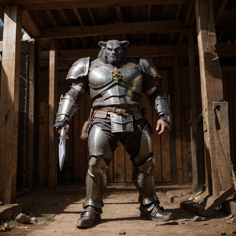Warhammer ogre in armor, standing with his weapon at the ready, looking at camera mean face