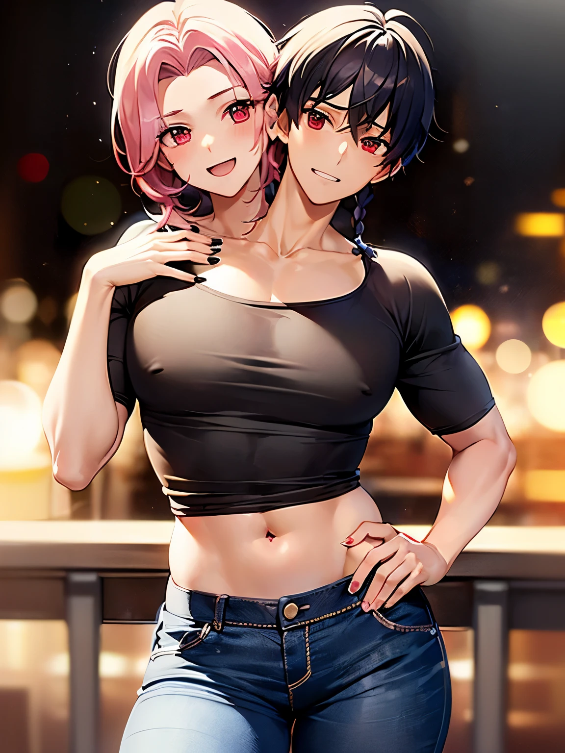 (2heads:1.1), (1boy:1.1), (male female couple), red eyes, short black hair, short pink hair, braid, long hair, (handsome:1.5), (masculine:1.5), (masterpiece), (high quality), (best resolution), :D, cute face, black nails, looking at viewer, anime convention, beautiful background, hand on hip, shirt with logo on it, jeans, (wide hips:1.3), (thick thighs:1.3), (masculine chest:1.1), (flatchested)