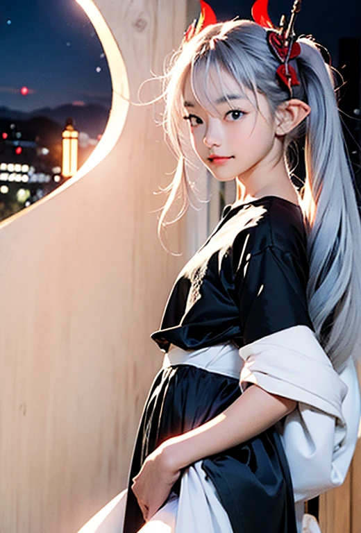 resolution、High level image quality、8K、real live action、Raw photo、highest quality、masterpiece、16 year old succubus girl、unparalleled beauty、devil&#39;s black horns on head、young face、(((beautiful girl)))、long pointed ears、wear bat wings、Fangs from the mouth、moon、Night view of the cityscape、Princess、((tail))、silver hair、Hotel