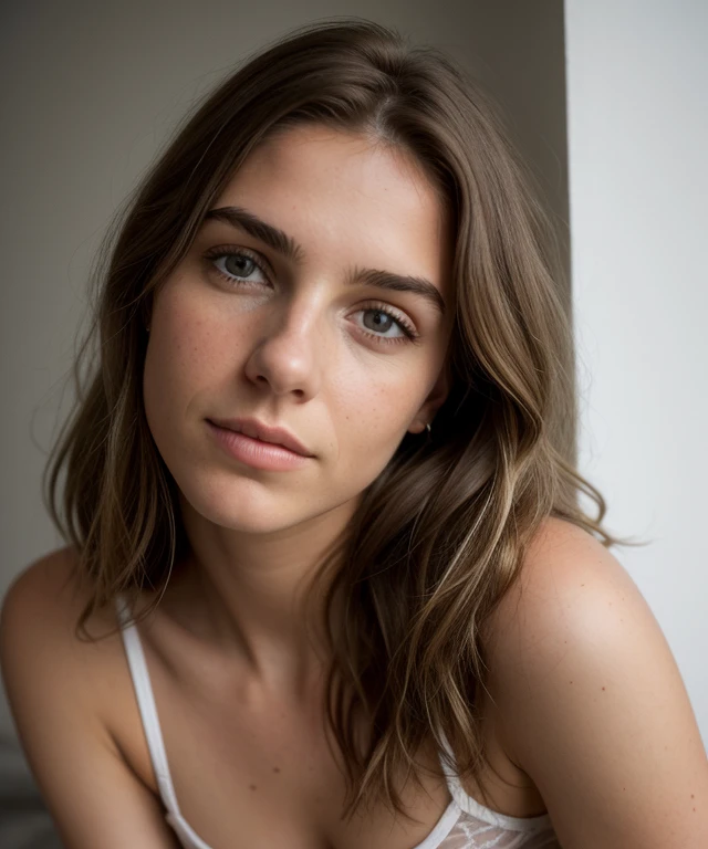 a Realistic photo of a d4k0t4 woman, long hair, looking at viewer, blue eyeackground, brown hair, white background, closed mouth, portrait, realistic, soft lighting, professional Photography, Photorealistic, detailed, inside a dark Studio Room background, blurred background, RAW, analog, sharp focus, 8k, HD, DSLR, high quality, Fujifilm XT3, film grain, award winning, masterpiece