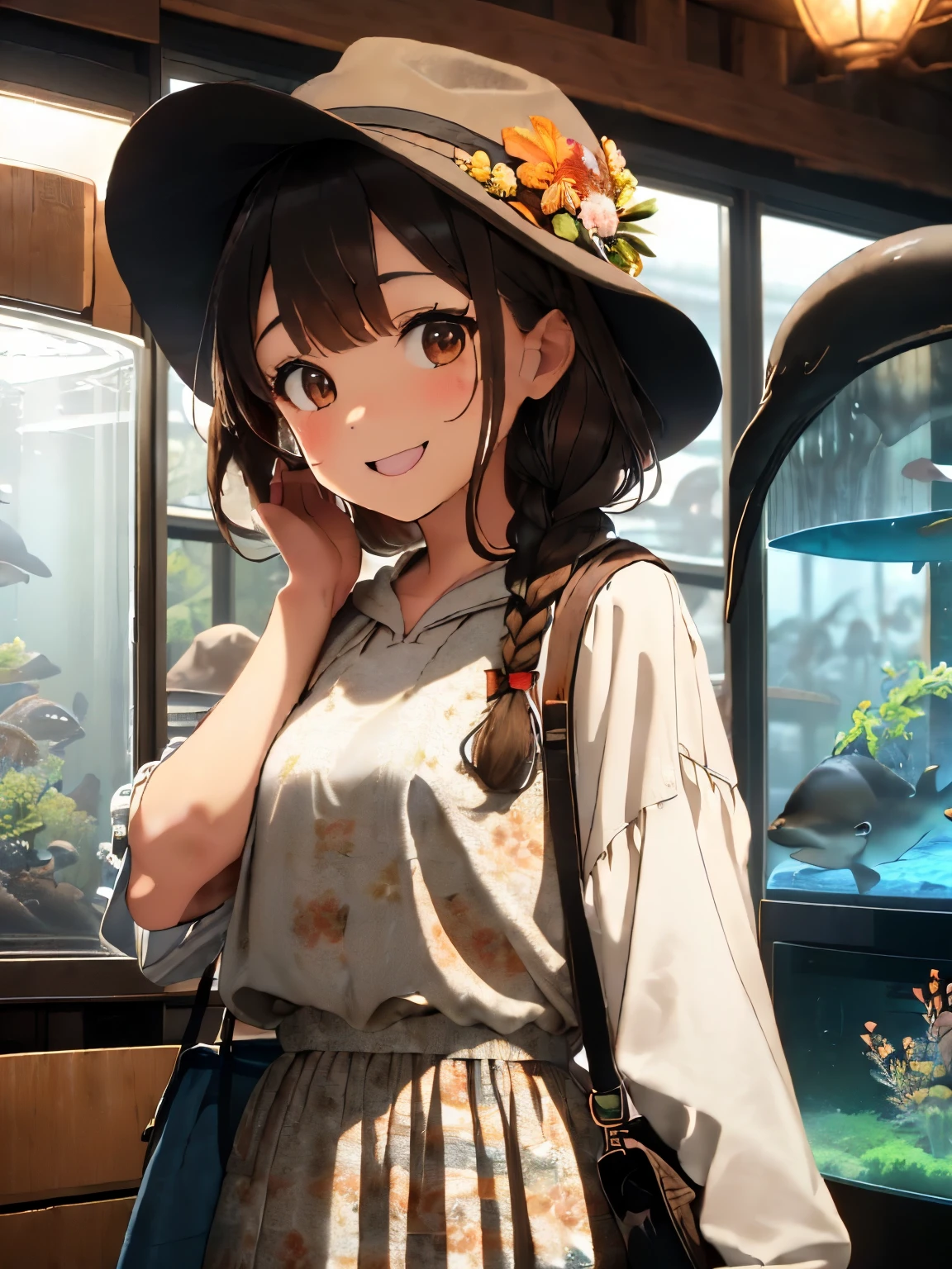 (brown hair:1.3),(brown eyes:1.3),(Braided shorthair:1.4),(With bangs),((fashion//ivory hoodie、denim jackets、black hunting hat、Floral tiered long skirt、white shoulder bag:1.4)),((In front of the huge aquarium:1.3)),((Inside the dimly lit aquarium building:1.4)),((Dating atmosphere:1.3)),(blush:1.25),(Looking at Kochi with a happy smile:1.4),((Dolphin and seal tank:1.3))
