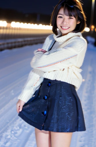 highest quality, soft light, ultra high resolution, (realistic:1.4), full_body,RAW photo, 1 Japanese girl, alone, cute, (pupil, There&#39;s a light in my eyes), detailed beautiful face,(High resolution details of human skin texture), (short hair), outdoor,skirt, (portrait),winter,big smile,knit,snow,night sky