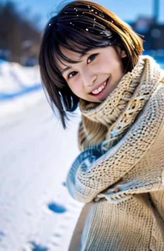 highest quality, soft light, ultra high resolution, (realistic:1.4), full_body,RAW photo, 1 Japanese girl, alone, cute, (pupil, There&#39;s a light in my eyes), detailed beautiful face,(High resolution details of human skin texture), (short hair), outdoor,skirt, (portrait),winter,big smile,knit,snow,night sky