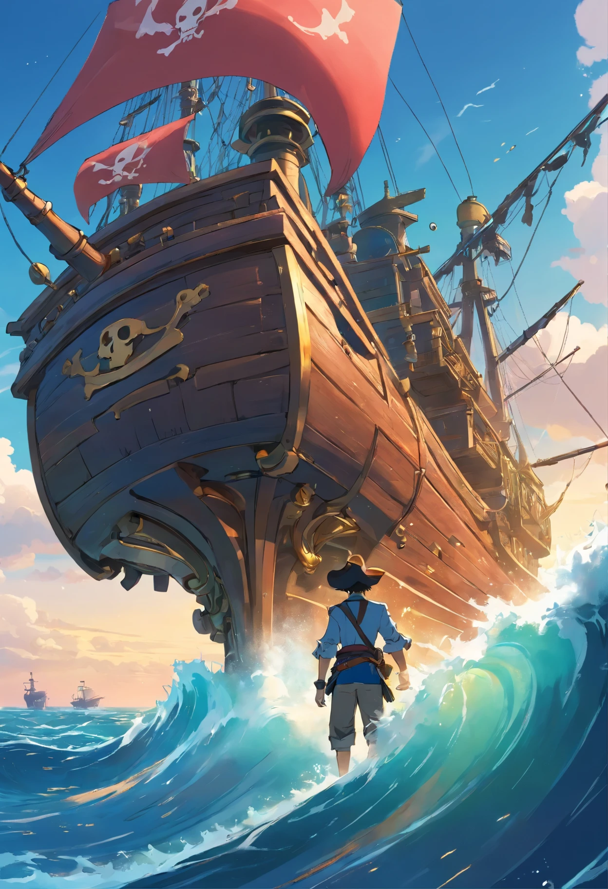 機器人,pirate style,illustration,realistic pirate ocean,steampunk elements,mechanical details,metallic textures,detailed gears and machinery,best quality,ultra-detailed,vibrant colors,shining sunlight,stormy sea,pirate ship silhouette,crashing waves,swashbuckling adventure,action-packed scene,brave robot captain,wooden peg leg,long flowing cape,eyepatch,pirate hat,cutlass,buccaneer flag,treasure chest,parrot on shoulder,sea breeze scent,salty sea spray,hidden treasure,sparkling gold coins,authentic pirate atmosphere