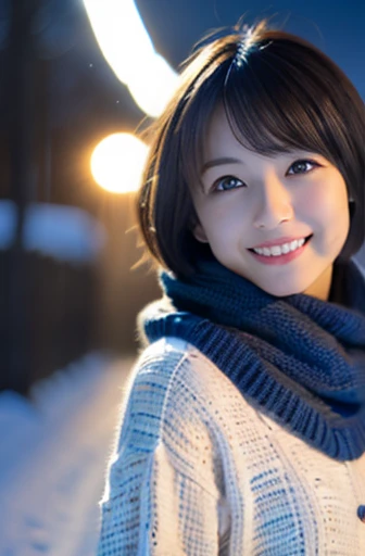 highest quality, soft light, ultra high resolution, (realistic:1.4), full_body,RAW photo, 1 Japanese girl, alone, cute, (pupil, There's a light in my eyes), detailed beautiful face,(High resolution details of human skin texture), (short hair), outdoor,skirt, (portrait),winter,big smile,knit,snow,night sky