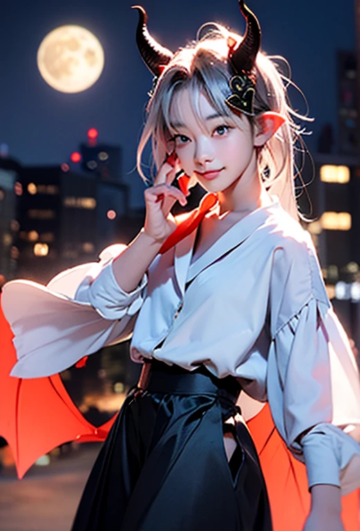 resolution、High level image quality、8K、real live action、Raw photo、highest quality、masterpiece、16 year old succubus girl、unparalleled beauty、devil&#39;s black horns on head、young face、(((beautiful girl)))、long pointed ears、wear bat wings、Fangs from the mouth、moon、Night view of the cityscape、Princess、((tail))、silver hair、Hotel