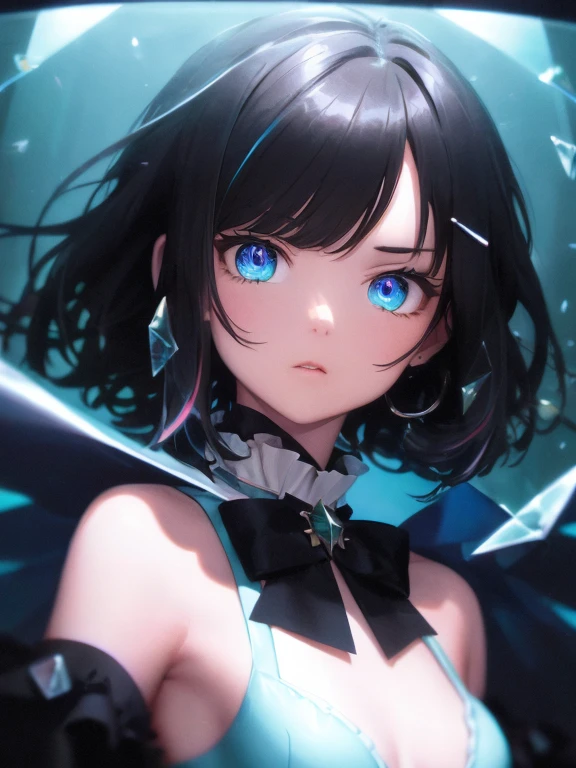 ((illustration)), ((floating hair)), ((chromatic aberration)), ((caustic)), lens flare, dynamic angle, ((portrait)), (1 girl), ((solo)), cute face, ((hidden hands)), asymmetrical bangs, (beautiful detailed eyes), eye shadow, ((huge clocks)), ((glass strips)), (floating glass fragments), ((colorful refraction)), (beautiful detailed sky), ((dark intense shadows)), ((cinematic lighting)), ((overexposure)), (expressionless), blank stare, big top sleeves, ((frills)), hair_ornament, ribbons, bowties, buttons, (((small breast))), pleated skirt, ((sharp focus)), ((masterpiece)), (((best quality))), ((extremely detailed)), colorful, hdr