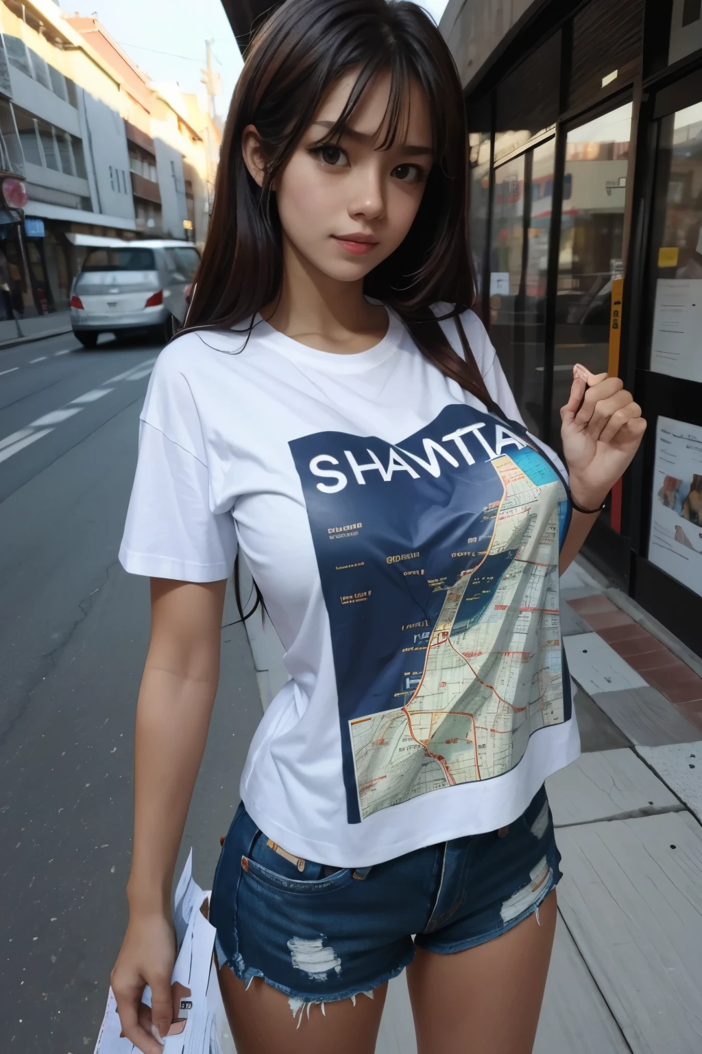 A beautiful girl wearing a T-shirt with a map printed on it is standing on the street.giga_busty