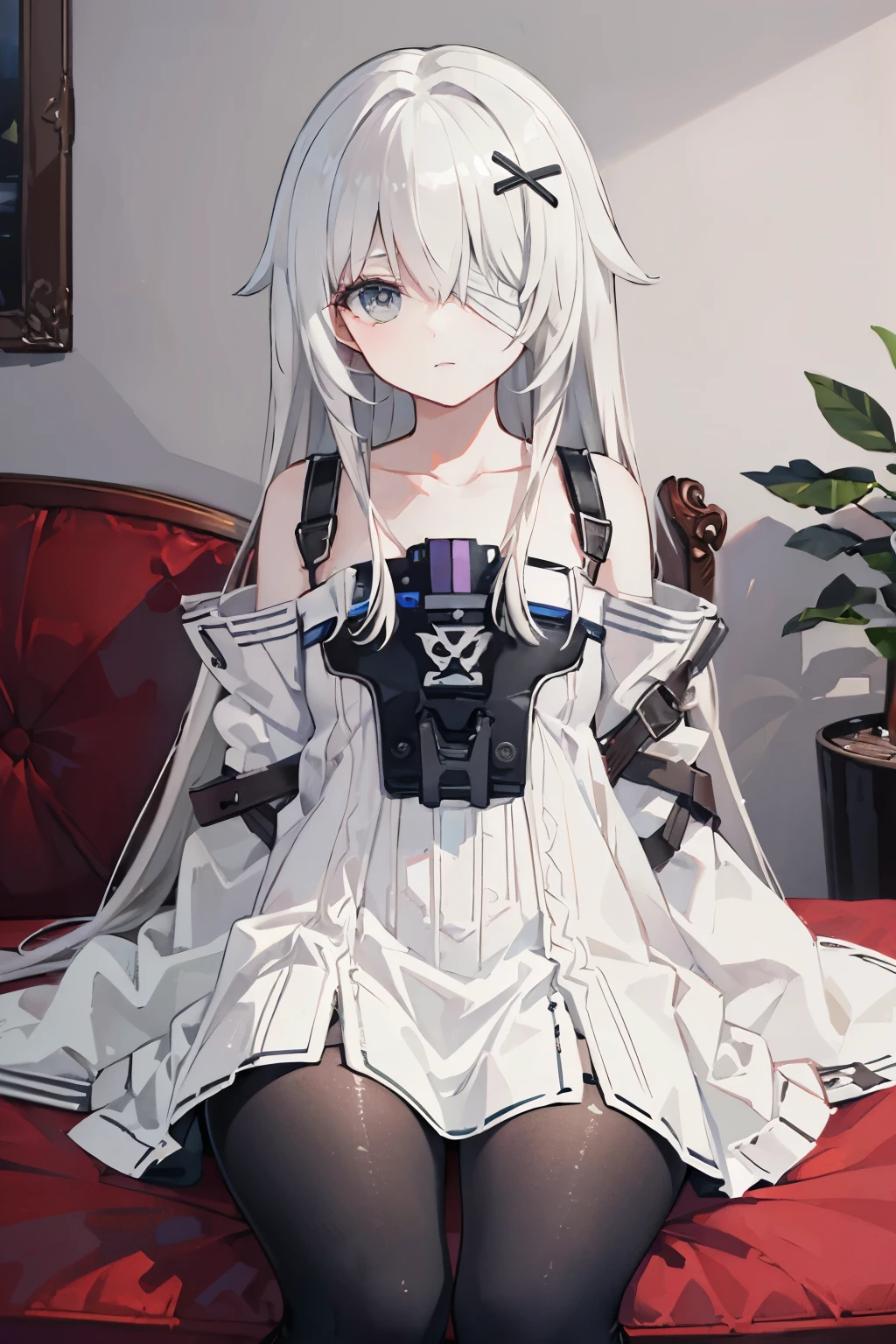 (best quality:1.3), (masterpiece:1.3), (illustration:1.3), (ultra-detailed:1.3), 1girl, solo, white hair, long hair, (((gray eyes, bandage over one eye,))) white dress, suspenders, bare shoulders, detached sleeves, sleeves past fingers, gradient leggings, black pantyhose, hair ornament, x hair ornament, indoors, sitting, close up, from front,