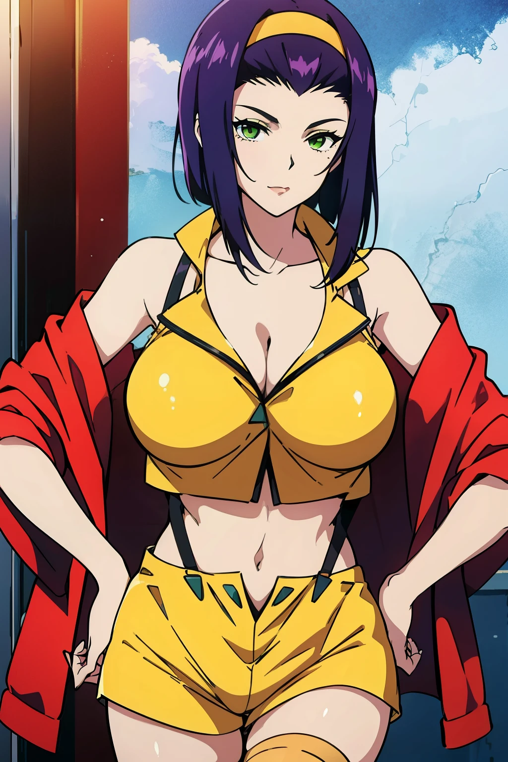 nsfw, masterpiece, best quality, high resolution, 1girl, large breasts, cleavage, faye valentine, yellow hairband, yellow shirt, yellow shorts, suspenders, thighhighs, red jacket ,off shoulder, purple hair, green eyes, navel