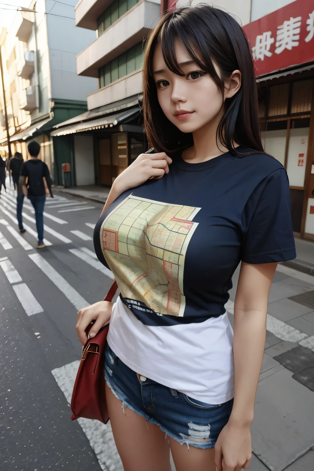 A beautiful girl wearing a T-shirt with a japanese map printed on it is standing on the street.giga_busty