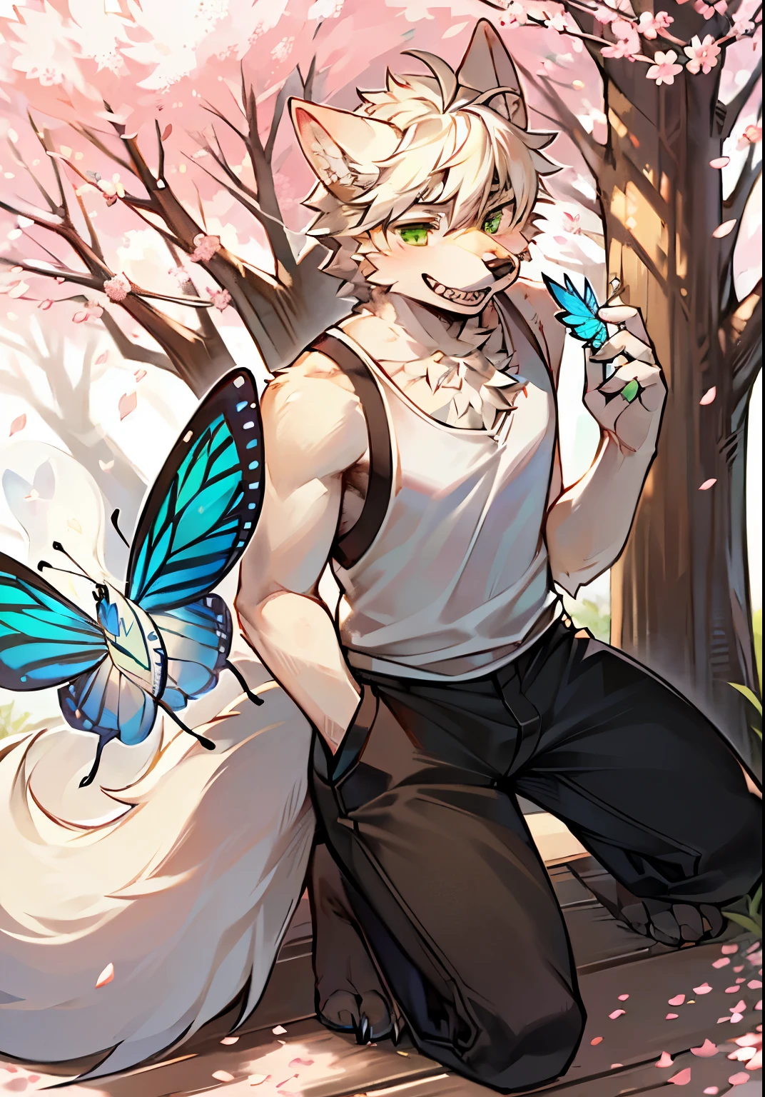 (bright environment: 0.8), masterpiece, high quality, abstract research, number\(artwork\), by dagashi, Yes, Kiyoyama, (Humanity, fluffy fur, Character focus: 1.1), Humanity male wolf, short hair, portrait , Bright Eyes, panoramic, Character focus. (Detailed background: 0.7), alone, hairy, hairy Male, male focus, Hana charcoal, (Full body fur, hairy尾巴, light fur, green eyes, Yellow-white hair: 1.2), (long canine teeth, White shirt, Brown Tank Top: 1.2), (big tree, Cherry blossoms, Butterfly, ghost: 1.4)