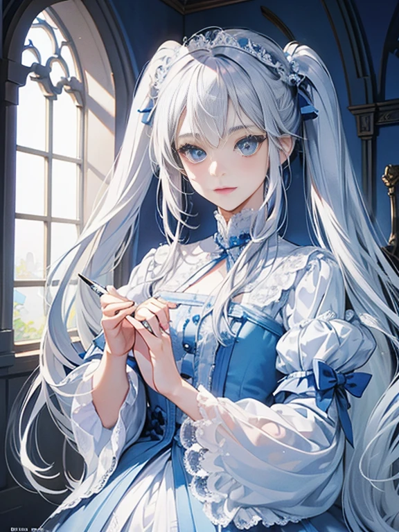 silver hair blue eyes inside the castle Long twin tail hair white lace dress masterpiece best image quality clear cinematic shadow Increased attractiveness of the eyes clear the shine of the eyes Draw eyelashes neatly perfect eyes detailed eye Sharpen image quality Sharpen eye writing clear eye shape perfect fingers perfect hands
