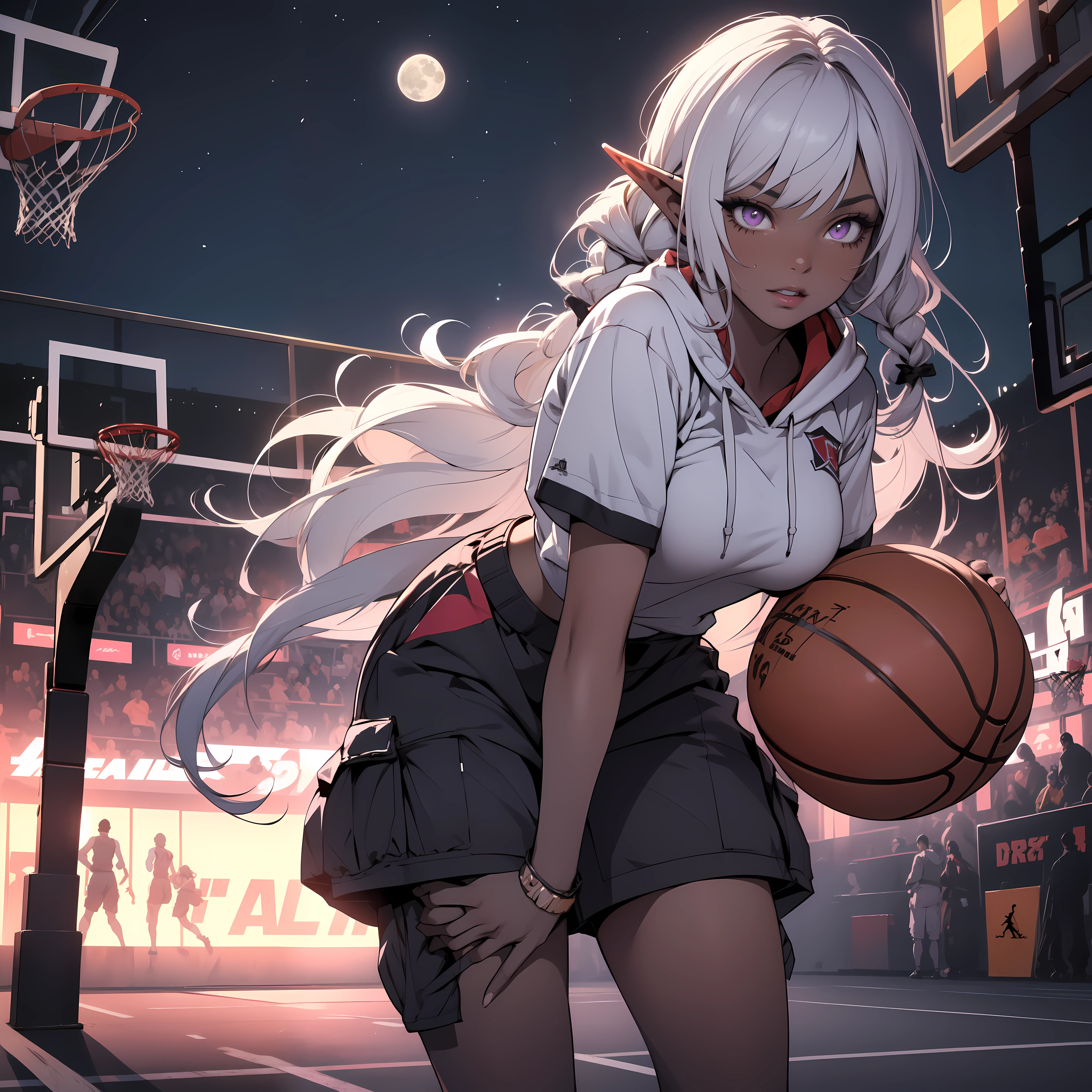 ((masterpiece)), (top quality), (best quality), ((ultra-detailed, 8k quality)), Aesthetics, Cinematic lighting, soft semi-backlit light, (detailed line art), absurdres, (best composition), (high-resolution),
BREAK,
beautiful of ((dark elf girl)), street clothes, hoodie, (cargo pants), Air Jordan Sneakers, full body, Dynamic pose, POV angle to head, atmospheric perspective, cinematic dramatic atmosphere, (Standing) in the middle of (basketball court:1.2), (holding a basketball), outdoors, (full moon sky), sweating,
BREAK,
highly detailed of (dark elf), (1girl), solo, perfect face, details eye, ahoge, twin braids, white shining hair, hime cut bangs, medium hair, (violet eyes), shining eyes, (beautiful detailed eyelashes, eyeshadow, pink eyeshadow), smile, design art by Mikimoto Haruhiko, by Kawacy, By Yoshitaka Amano,
BREAK,
((perfect anatomy)), perfect body, Abs, (medium breast), perfect hands, perfect face, beautiful face, beautiful eyes, perfect eyes, (perfect fingers, deatailed fingers), correct anatomy, perfect legs, ((dark skin:1.2)), perfect ball, Detailed ball,
