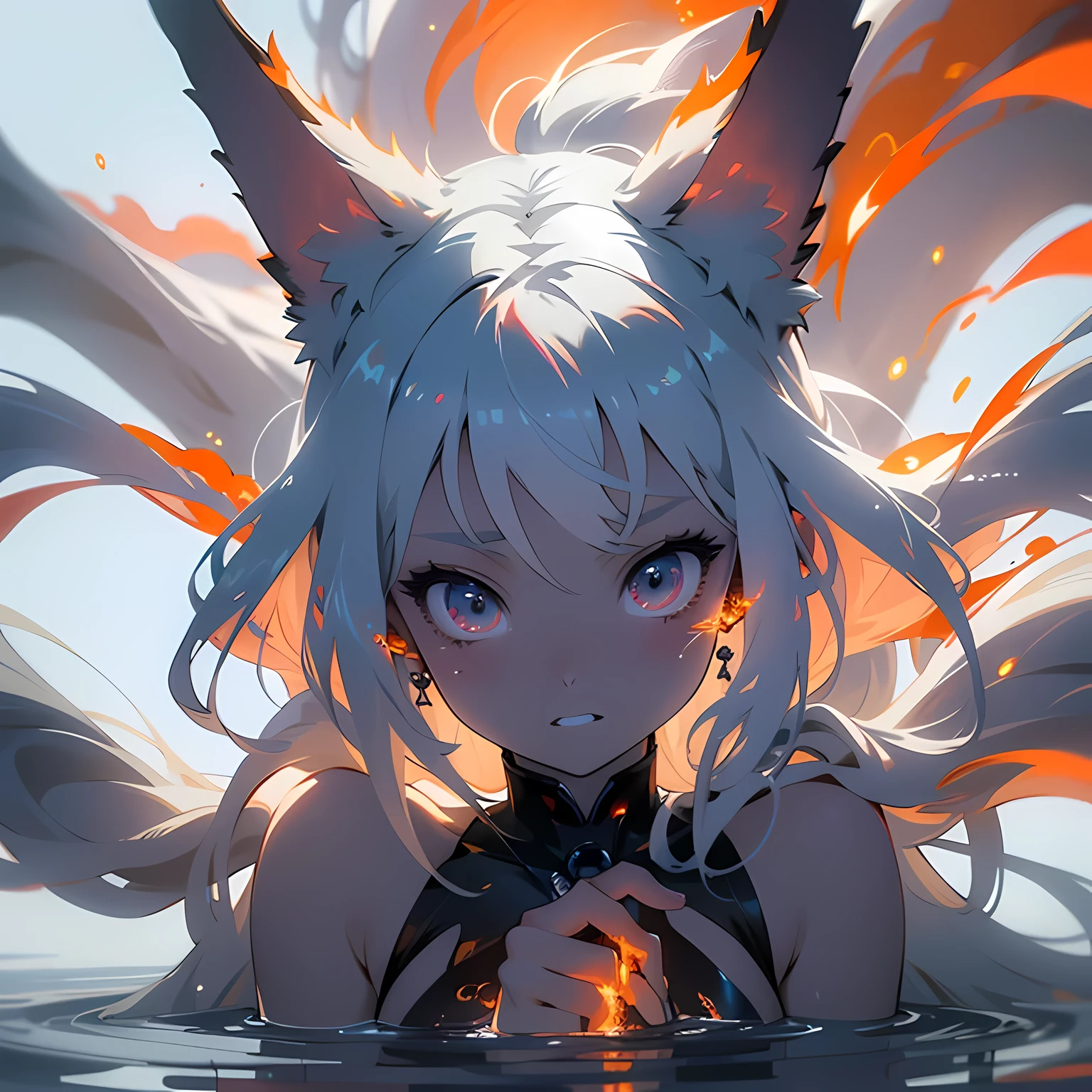Step into the charming scene of an anime girl sitting on a floating platform, When energetic fire particles ignite the air around her, Create a dazzling and dynamic atmosphere. Creative lighting styles bathe her in radiant light, fiery light, In harmony with swirling fire particles. Elaborately crafted,Beautiful details,and rendered in stunning 10k high resolution, This masterpiece blends the artistic medium of digital illustration, fire flame effect, particle sim, and post-processing technology. Take inspiration from anime styles, Mystical realism, and contemporary surrealism, It captures the fiery, ethereal beauty of animated girls amid dancing flames, Fire particles enhance the feeling of magic and wonder.