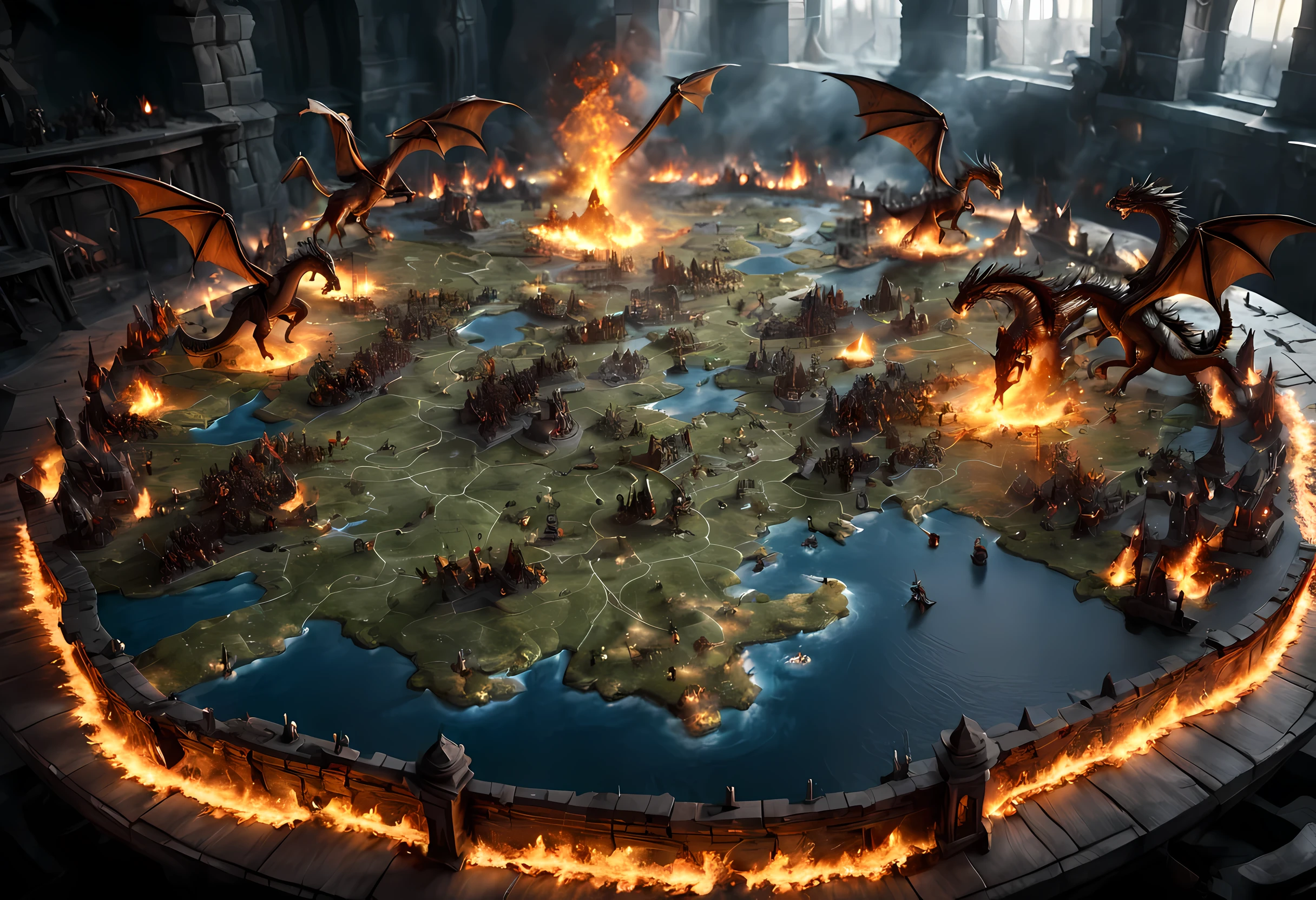 open 3D map table  of dragons miniatures  breathing fire and knights miniatures  on horses  fighting on a large scale grid map of  fantasy world, 3D rendering cinematic lighting, soft light, silhouette, photorealism, panoramic view (Masterpiece 1.5, intense details) , Wide-Angle, Ultra-Wide Angle, 16k, highres, best quality, high details