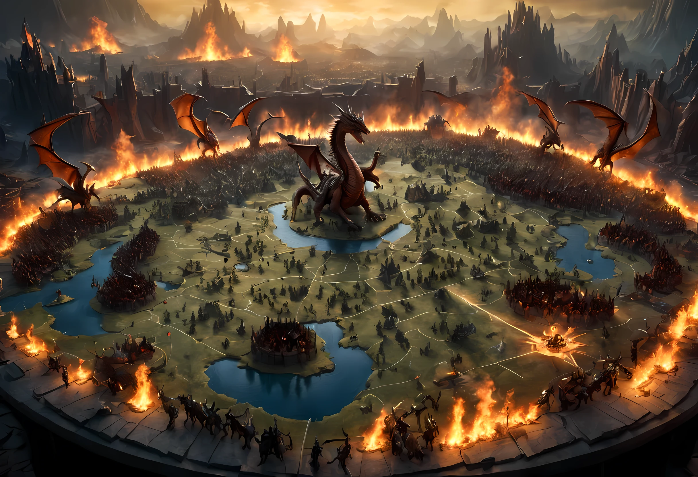 open 3D map table  of dragons miniatures  breathing fire and knights miniatures  on horses  fighting on a large scale grid map of  fantasy world, 3D rendering cinematic lighting, soft light, silhouette, photorealism, panoramic view (Masterpiece 1.5, intense details) , Wide-Angle, Ultra-Wide Angle, 16k, highres, best quality, high details