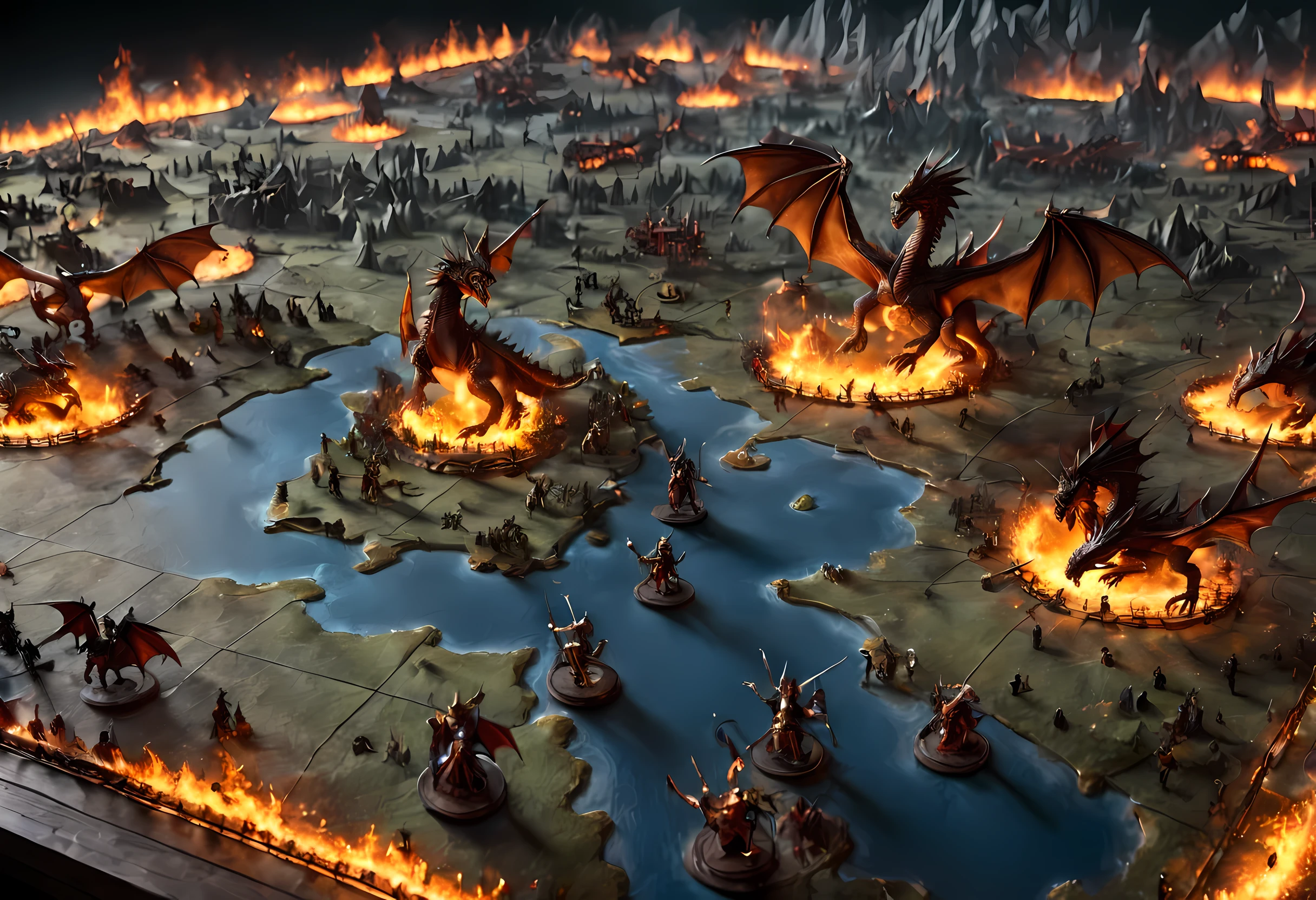 open 3D map table  of dragons miniatures  breathing fire and knights miniatures  on horses  fighting on a large scale grid map of  fantasy world, 3D rendering cinematic lighting, soft light, silhouette, photorealism, panoramic view (Masterpiece 1.5, intense details) , Wide-Angle, Ultra-Wide Angle, 16k, highres, best quality, high details