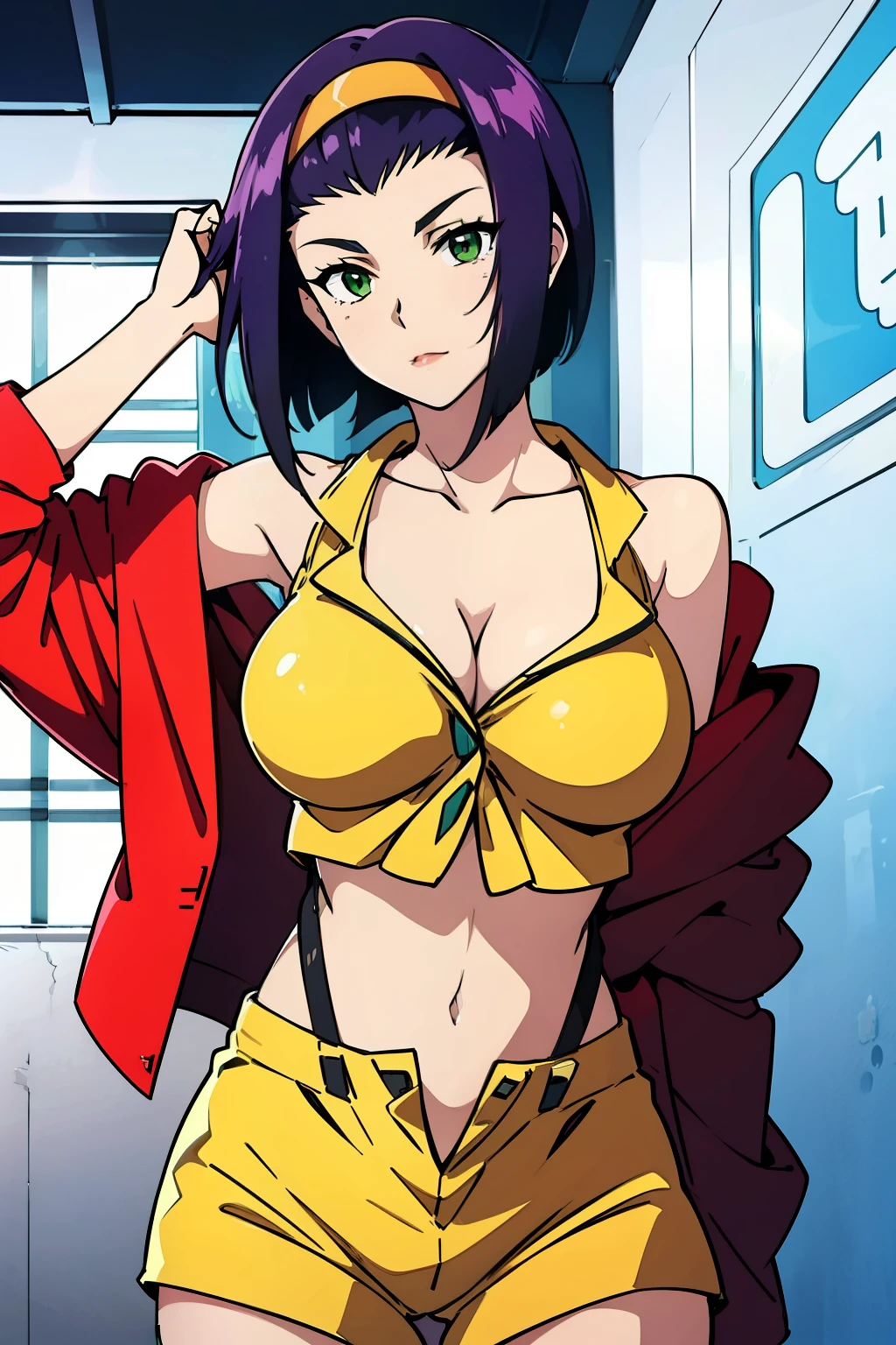 nsfw, masterpiece, best quality, high resolution, 1girl, large breasts, cleavage, faye valentine, yellow hairband, yellow shirt, yellow shorts, suspenders, thighhighs, red jacket ,off shoulder, purple hair, green eyes, navel