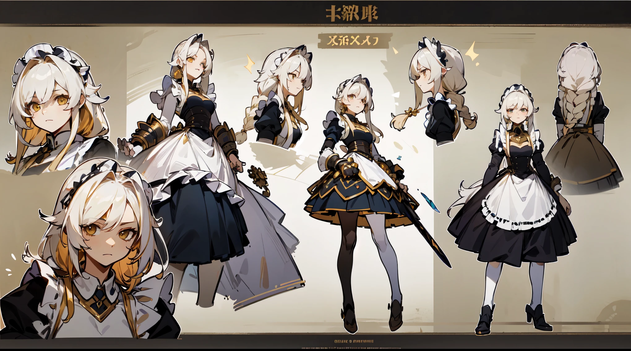 faithful maid，grace，traditional maid costume，Battle Maid，Golden, (masterpiece), best quality,golden maid outfit，Slim armor shape blended with maid uniform，holding a longsword， expressive eyes,    is a perfect face, (character table:1),role conception，Conceptual role，（The whole body is from head to toe）, long white hair, Braided hair