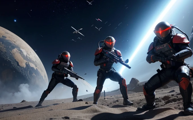 on unknown planet,5 members of Starship Troopers,Wearing clothing full of futuristic technology,Hand-held laser weapons,In the midst of a fierce battle with alien bugs