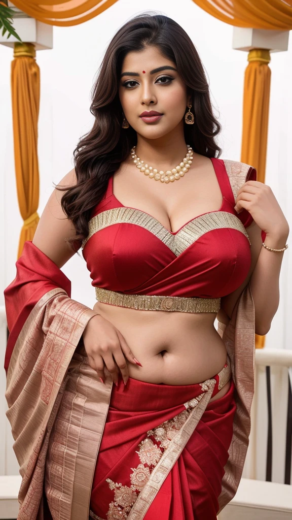 Srabanti Chatterjee bengali actress beautiful actress sexy curvy plus size model woman in red indian banarasi sari in indian wedding bridal looks, in picture, manga mala necklace ornament in necklace for wedding, Head Jewelry for wedding, busty, small curvy , mid body shot, she has a jiggly fat round belly, thick body, beautiful golf playground background