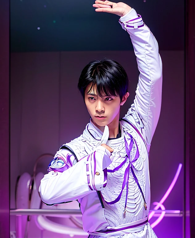 Arafed wearing a white costume with a purple ribbon, fukaya yuichiro, style of kentaro miura!!!!, Kentaro Miura style, yuya nagai, amazing, takeyuki kanda, kazuya takahashi, yukio - e, jin kagetsu, yukito kishiro, yusuke murata Yuzuru Hanyu clothing white anime style Same pose Same clothes