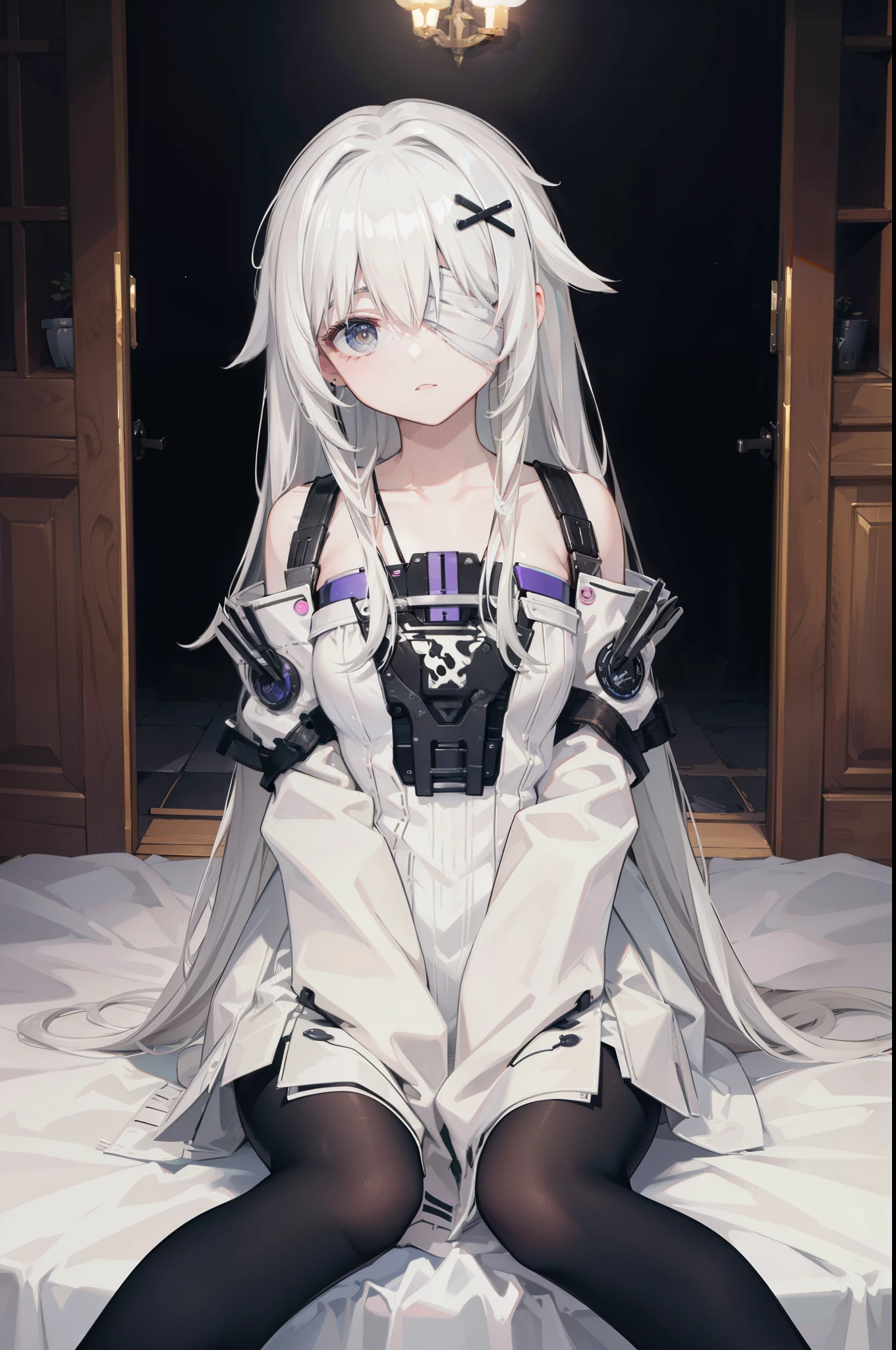 (best quality:1.3), (masterpiece:1.3), (illustration:1.3), (ultra-detailed:1.3), 1girl, solo, white hair, long hair, (((gray eyes, bandage over one eye,))) white dress, suspenders, bare shoulders, detached sleeves, sleeves past fingers, gradient leggings, black pantyhose, hair ornament, x hair ornament, indoors, sitting, close up, from front,
