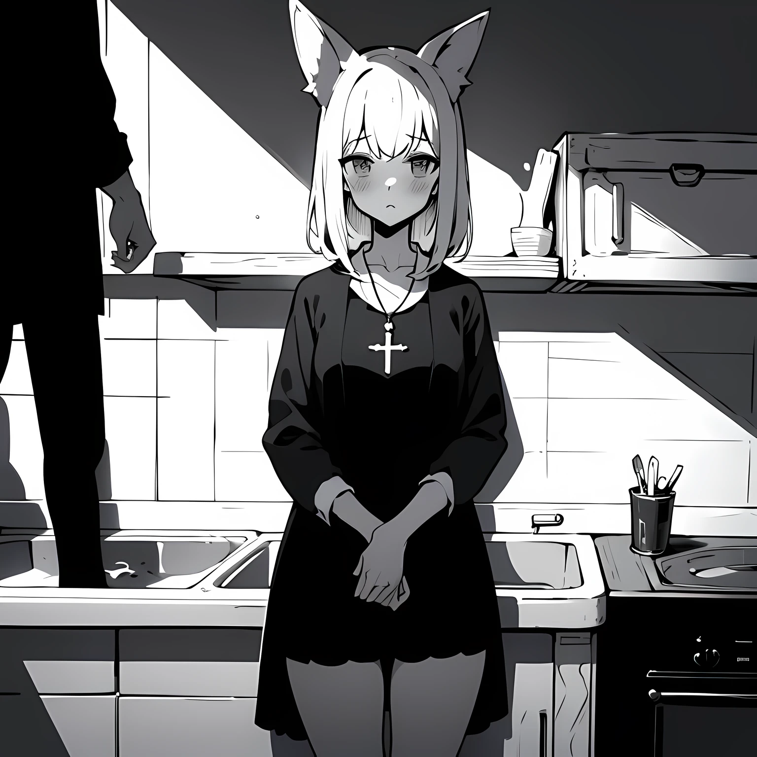 magic vortex,dramatic shadows,black and white,monochrome,{{comics}},Cross necklace,cassock,short shorts,1 girl looking at the audience, sinking into the dark sea, fall,Capulet,thigh_gap,monochrome,head/feet beyond frame,blush when talking,Cat_ear,unsheathed,National Science Foundation, masterpiece, best quality