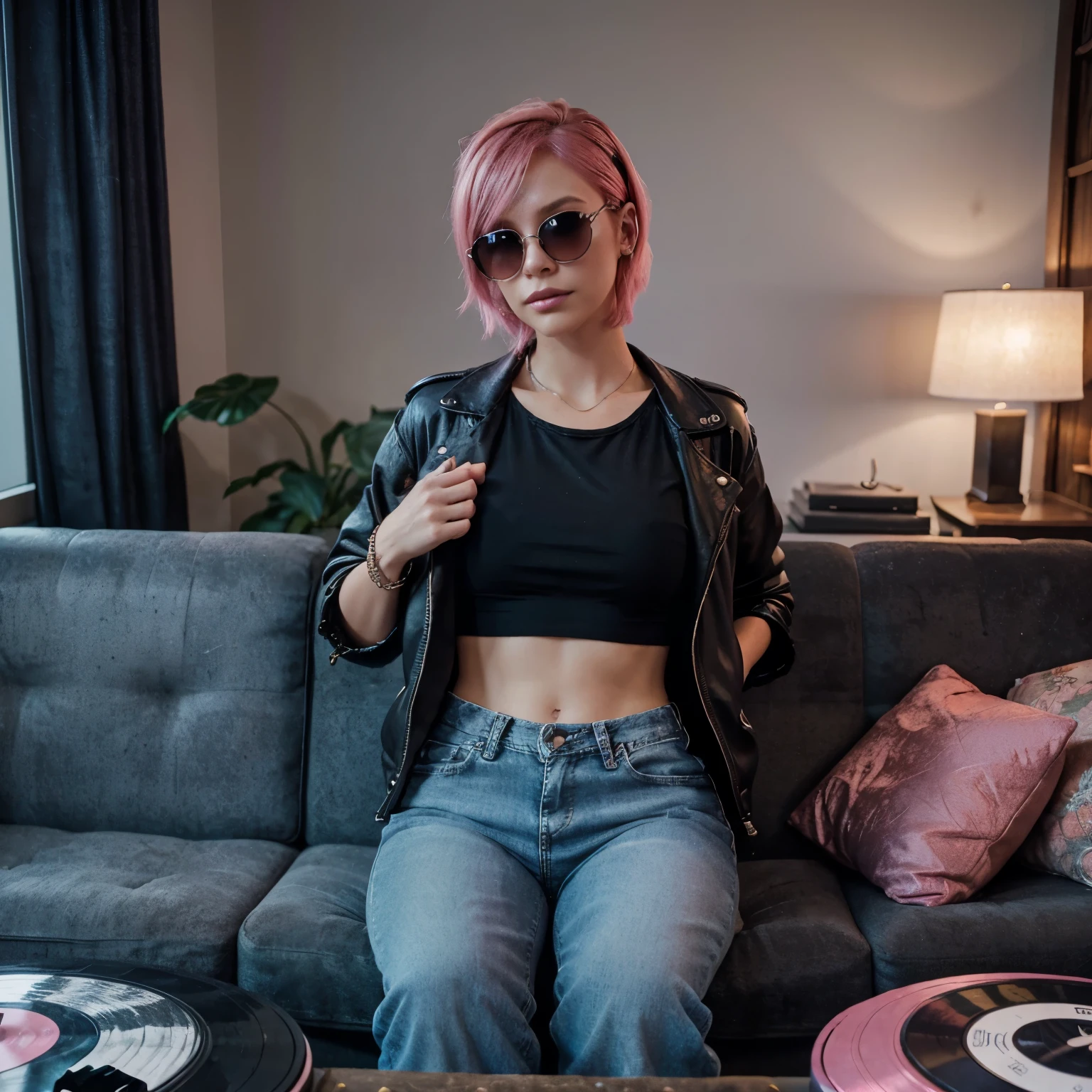 short pink hair, very pink hair, no black in hair, Outfit: Chic and relaxed, she wears a black leather jacket over floral dress distressed denim jeans, and boots.
Accessories: Oversized sunglasses and discreet silver rings.
Pose: Seated on a velvet couch, she holds a vinyl record. Side by there is a flower vase
Features: Minimal makeup, and a serene expression.
Colors: Warm, ambient lighting in deep purples and blues with vibrant vinyl records.
Atmosphere: Dimly lit room provides a tranquil escape from the bustling city below.