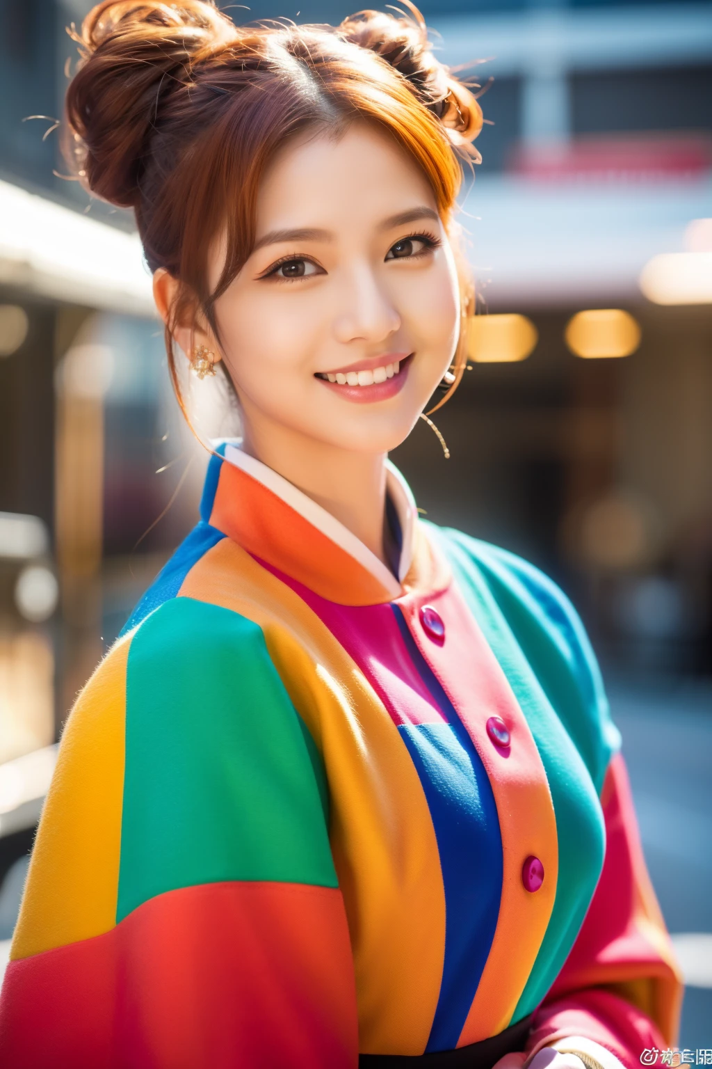 (Best Quality, 8K, 32K, masutepiece, nffsw:1.2), (red_hair:1.3, double bun), Bright foreground, Professional Lighting, Photon mapping, Radio City, shading:1.3, (1 slender woman of Japan, 23 years old, 160cm tall), outfit combines street style with elegance, colorful fashion colorful ornaments, creating a pop look with vivid colors, hyperdetailed face, Detailed lips, Detailed eyes, Double eyelids, full body, (exposed shoulder:1.1), top-down view:1.5, Looking Camera, Happy smile,