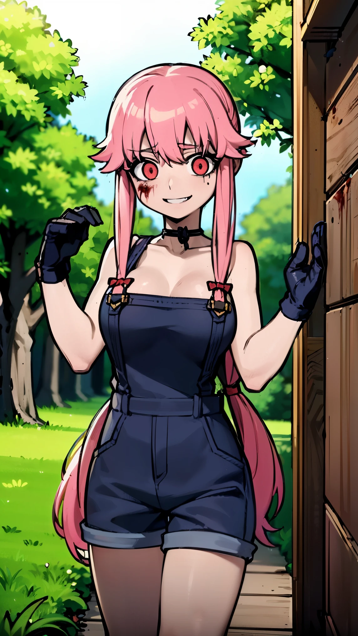 anime_still, masterpiece, best quality, 1girl, Gasai Yuno, long hair, pink hair, low twintails, smile, naked, red eyes, (large breasts:1.5),1girl, black choker, dark grey, (overalls:1.25), leather gloves, black boots, ((nigth:1.5)), (chasing you through the woods BY yuno gasai), moonlight, blood on floor, horror scane, (evil smile:1.4), (evil eyes:1.6), (horror_movies:1.5), (woods:1.6),(dark:1.7), (out_boors), blood on hands,blood stain