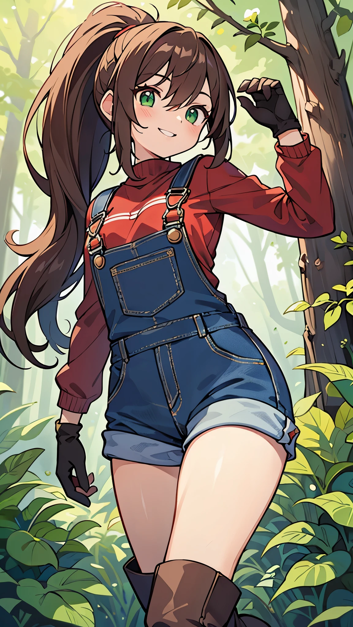 ((A Pretty girl with a large brown ponytail)), ((Wearing denim overalls and hot pants)), , ((master piece, top-quality, ultra-definition, high resolution)), anime girl, ((ultra-detailed illust:1.2)), only one person, bangs, hair between eye, green eyes, Shiny eyes, Small breast, Big smile, in the forest, ((red clothes with long sleeves)), leather gloves, leather boots, thigh, back