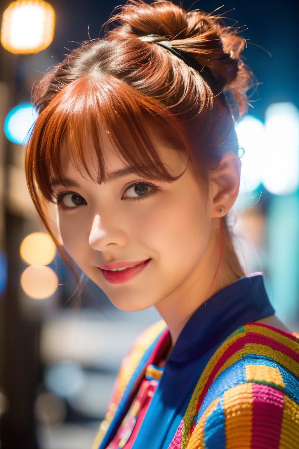 (Best Quality, 8K, 32K, masutepiece, nffsw:1.2), (red_hair:1.3, double bun), Bright foreground, Professional Lighting, Photon mapping, Radio City, shading:1.3, (1 slender woman of Japan, 23 years old, 160cm tall), outfit combines street style with elegance, colorful fashion colorful ornaments, creating a pop look with vivid colors, hyperdetailed face, Detailed lips, Detailed eyes, Double eyelids, full body, (exposed shoulder:1.1), top-down view:1.5, Looking Camera, Happy smile,